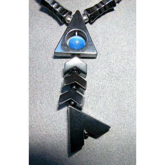 Hematite Necklace 16" With 2" Geometric Pendant Featuring Blue Accent Bead - Picture 2 of 5